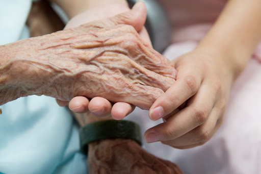 Young girl&#8217;s hand touches and holds an old woman&#8217;s wrinkled hands. &#8211; it