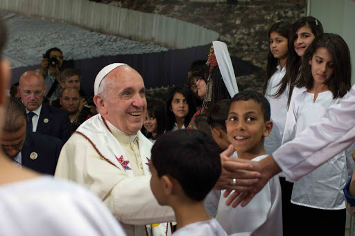 DEHEISHEH : Pope Francis is greeted by children from nearby Palestinian refugee camps &#8211; it