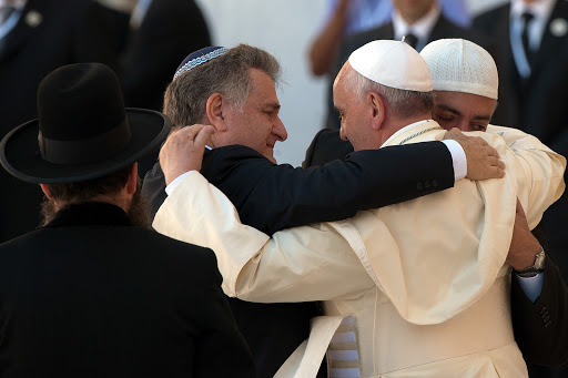 Pope Francis hugs two close friends Abraham Skorka and Omar Abboud &#8211; CPP