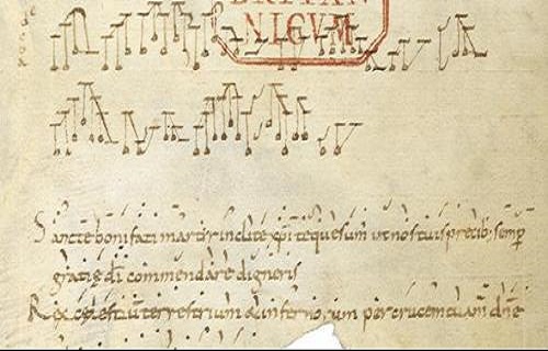 Fragmento de la primera partitura polifonica, pieza MS Harley 3019. &#8211; it