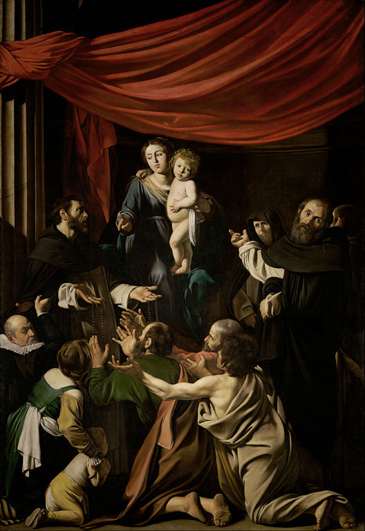 La Madonna del Rosario di Caravaggio. S. Domenico (a sinistra) distribuisce rosari al popolo 