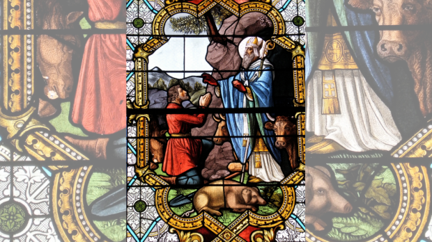 SAINT ANTONY, PIG, STAINED GLASS