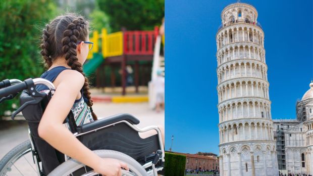 TORRE DI PISA, BAMBINA SEDIA A ROTELLE,