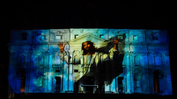 St. Peter’s Basilica facade is lit up with Seguimi a videomapping projection depicting the life of St Peter
