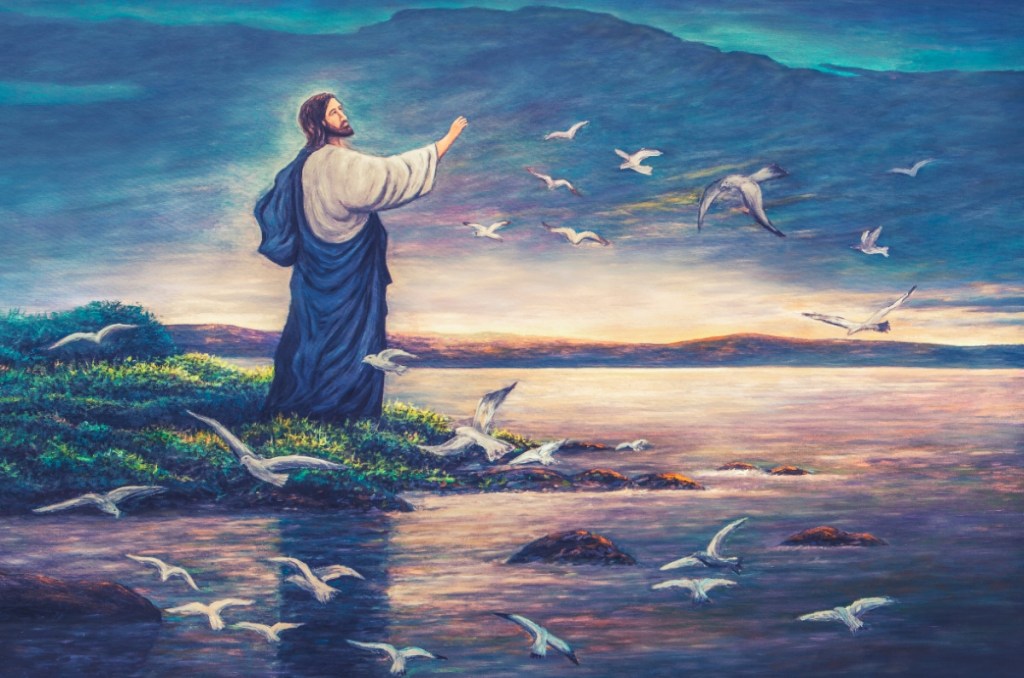 Jezus stoi nad brzegiem jeziora obraz olejny