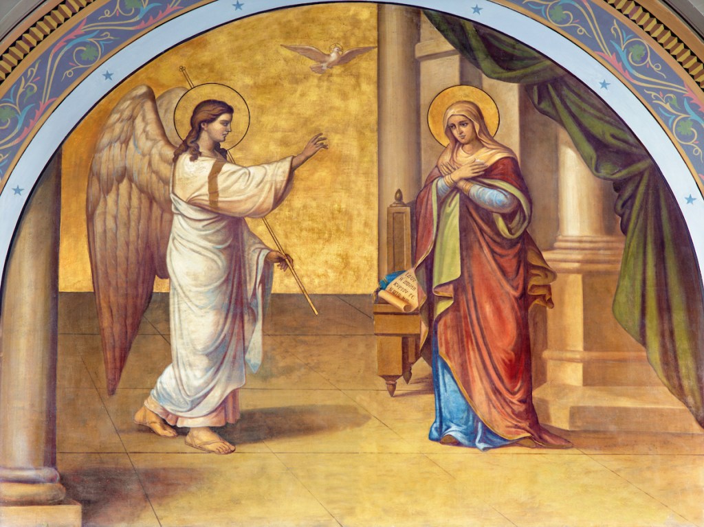 ATHENS GREECE OCTOBER 8 2015 The fresco of Annunciation on the facade of Metropolitan Cathedaral by B Antoniasis 1895