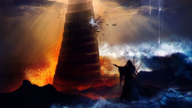 La caduta della Babilonia. Stregone nel cappuccio in piedi di fronte a un'antica torre di Babilonia distrutta con inondazioni, fuoco e uragano illustrazione.
