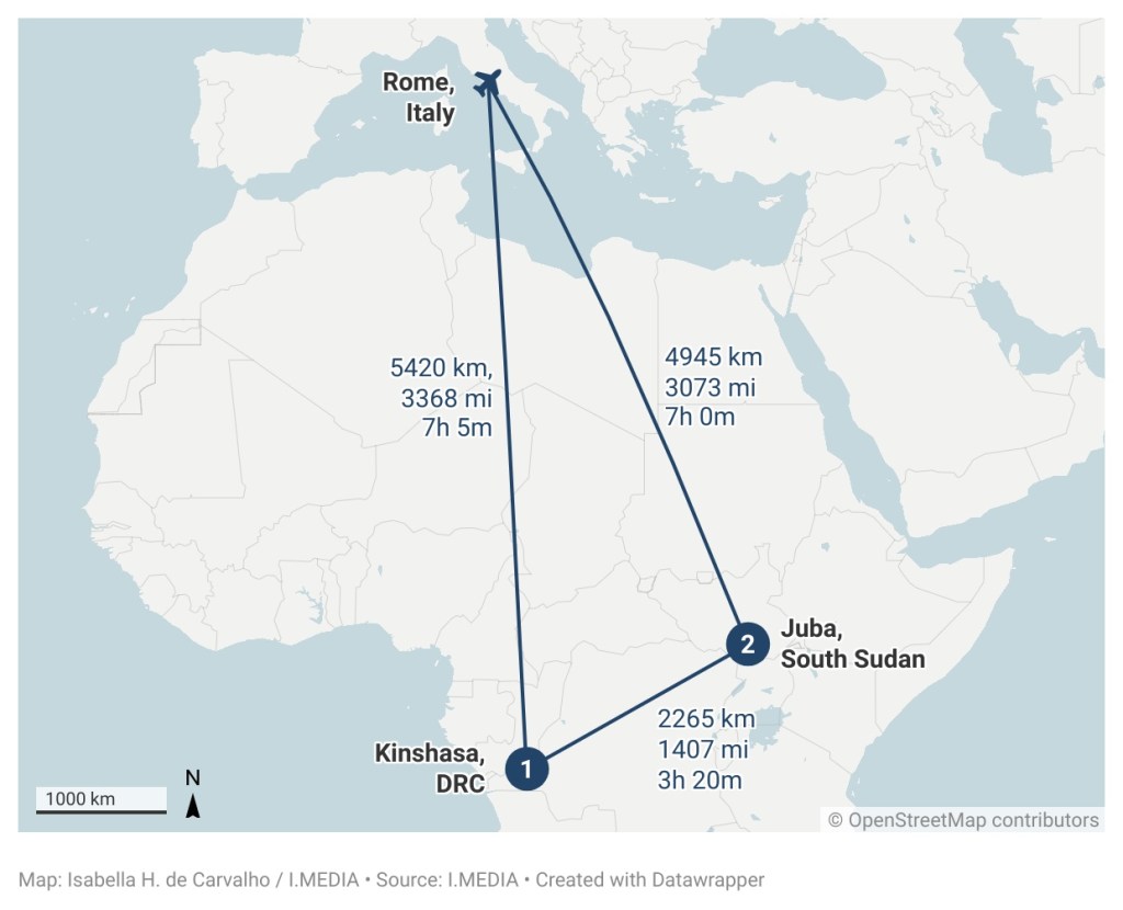 Pope's DRC S Sudan trip map