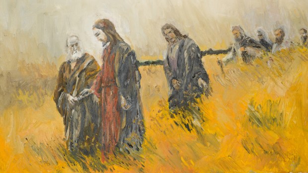 dipinto ad olio raffigurante una scena religiosa Gesù Cristo e i suoi discepoli su un prato